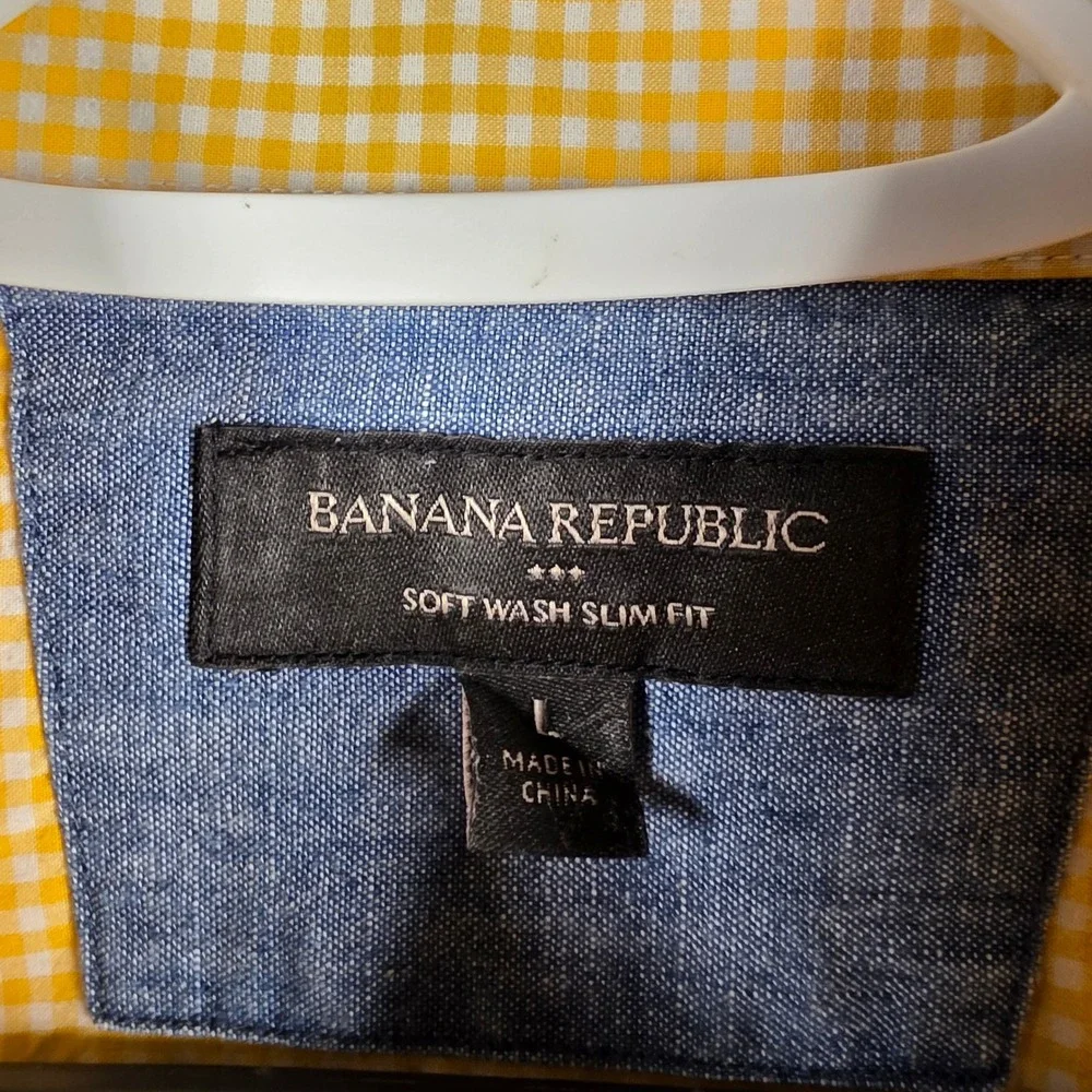 Banana Republic Mens Soft Wash Slim Fit Gingham Button Down Shirt Yellow Large